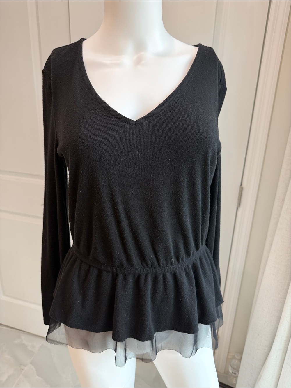 INC International Concepts Black Long-Sleeve Peplum Top with Sheer Hem